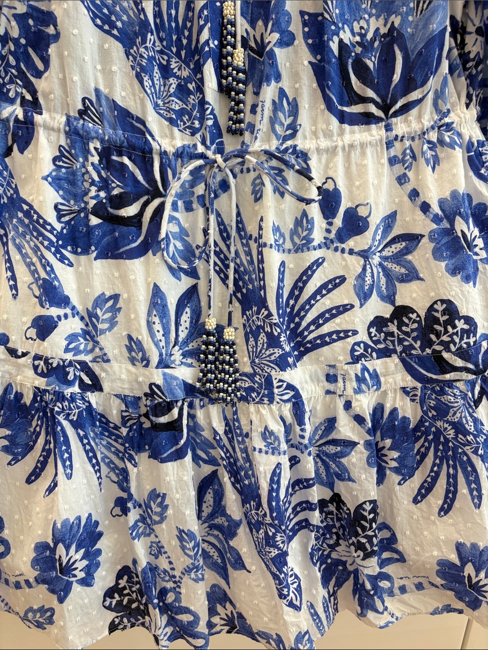 Like New FARM Rio White and Blue Floral Tiered Dress with Beaded Tassels, Small - Picture 5 of 8